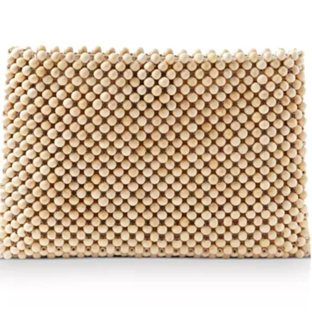 Loeffler Randall Beaded Clutch in Beige with Gold Chain